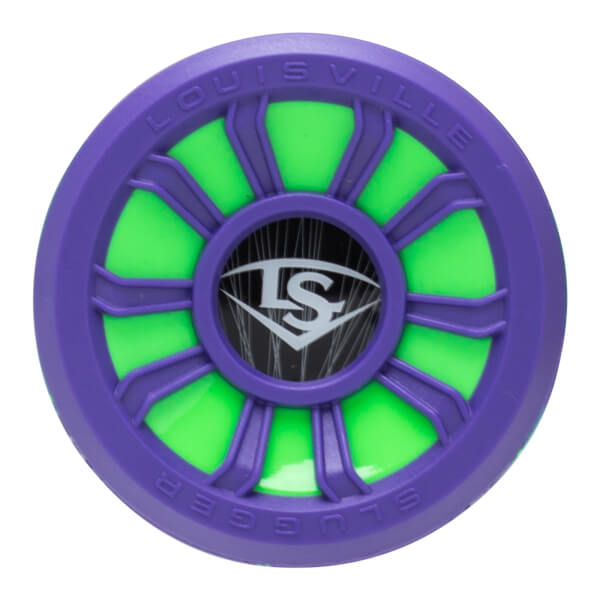 Top-down view of a purple and green Louisville Slugger bat end cap with the LS logo.