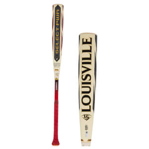 Front view of a Louisville Slugger Select PWR baseball bat with red grip and gold lettering.