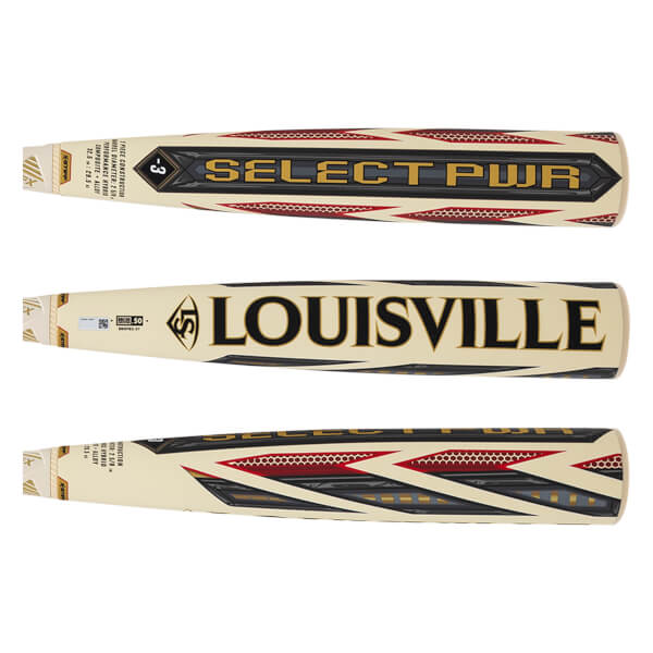 Top view of a Louisville Slugger Select PWR bat with gold "SELECT PWR" text and red honeycomb accents.