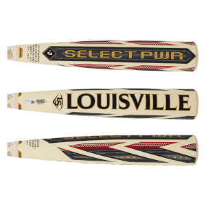 Top view of a Louisville Slugger Select PWR bat with gold "SELECT PWR" text and red honeycomb accents.