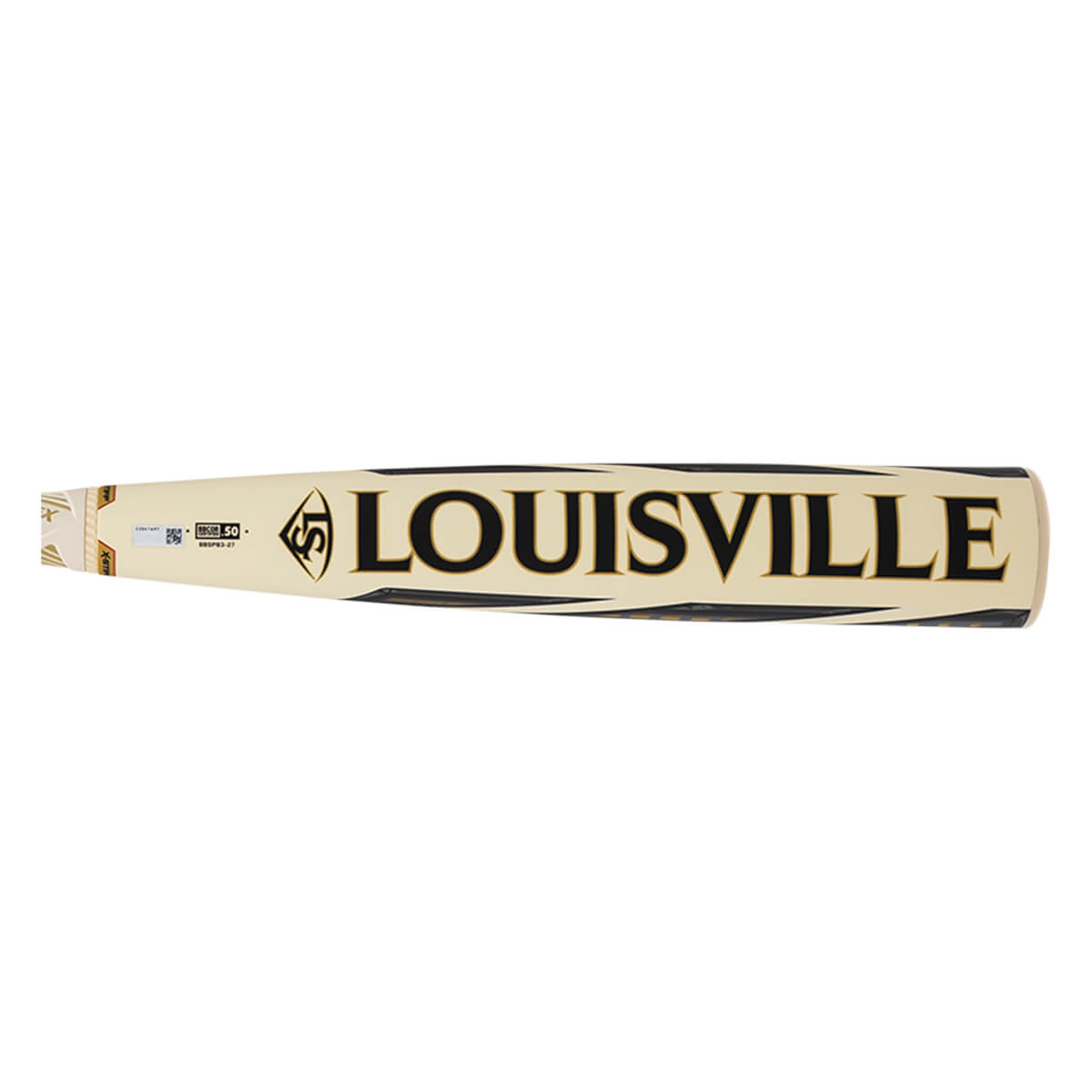 Side view of a Louisville Slugger baseball bat with black lettering and a gold LS logo.