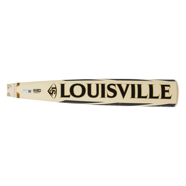 Side view of a Louisville Slugger baseball bat with black lettering and a gold LS logo.