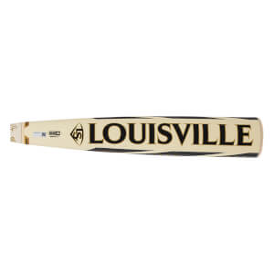 Side view of a Louisville Slugger baseball bat with black lettering and a gold LS logo.