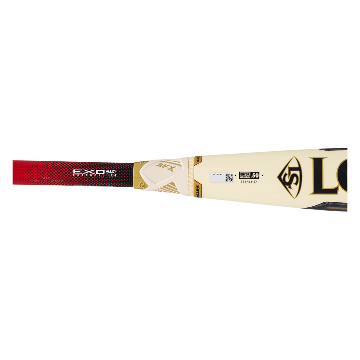 Side view of a Louisville Slugger baseball bat with "3FX" and "X-STIFF" text, and a red dotted grip.