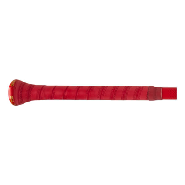 Side view of a red bat grip with "SEL" visible on the end cap and a textured pattern.