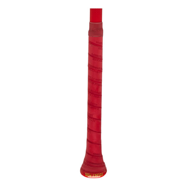 Close-up of the red grip on a baseball bat, showing the "LOUISVILLE SLUGGER" text and the "SELECT PWR" logo.