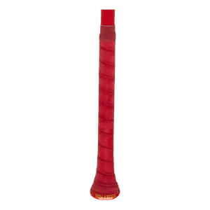 Close-up of the red grip on a baseball bat, showing the "LOUISVILLE SLUGGER" text and the "SELECT PWR" logo.