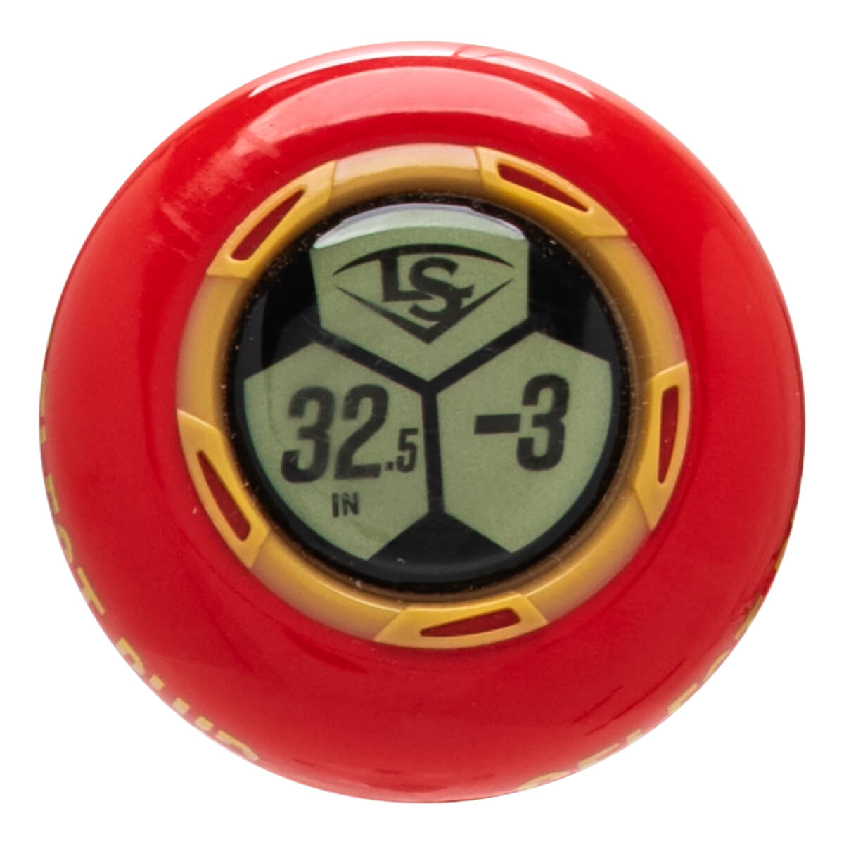 End cap view of a red baseball bat with a gold accent ring, showing the LS logo and "32.5 IN -3".