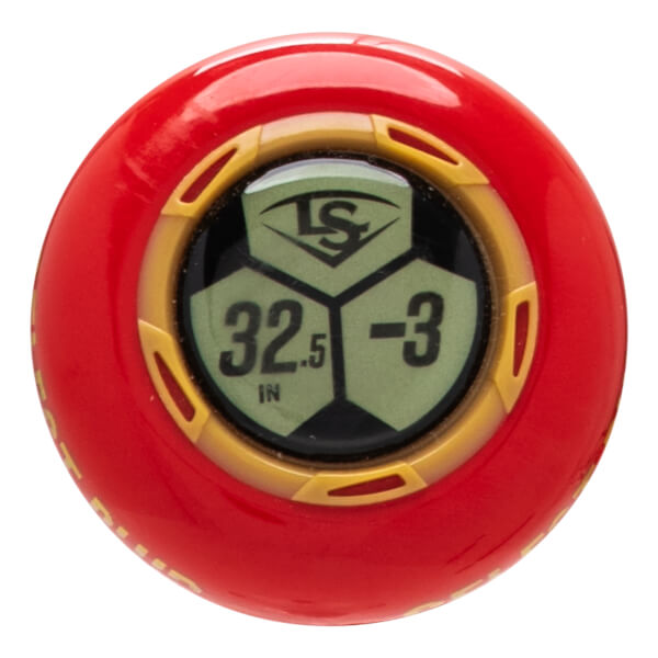 End cap view of a red baseball bat with a gold accent ring, showing the LS logo and "32.5 IN -3".