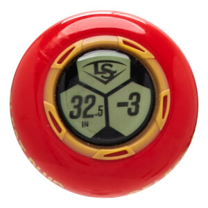 End cap view of a red baseball bat with a gold accent ring, showing the LS logo and "32.5 IN -3".