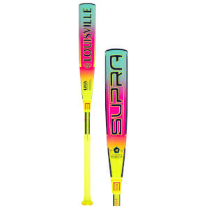 Front view of a Louisville Supra baseball bat with a neon gradient and "USA BASEBALL" text.