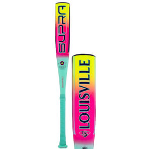 Front view of a Louisville Supra baseball bat with a pink, yellow, and blue gradient and teal grip.