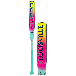 Front view of a Louisville Supra bat with a gradient of yellow, pink, and teal, and "LOUISVILLE" text.