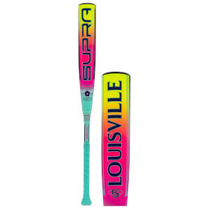 Front view of a Louisville Supra bat with a pink, yellow, and blue gradient, showing the "SUPRA" logo.