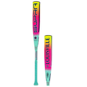 Front view of a Louisville baseball bat with "SUPRA" and "LOUISVILLE" in large lettering, featuring a pink and yellow gradient.