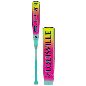 Front view of a Louisville Supra bat with a pink, orange, and yellow gradient and teal grip.
