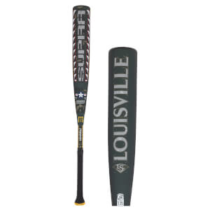 Side view of a Louisville baseball bat with "LOUISVILLE" in large silver letters and a dark green background.