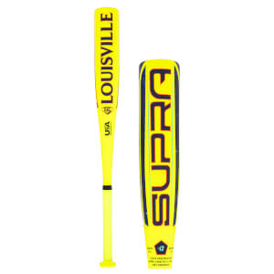 Front view of a bright yellow Louisville Slugger baseball bat with "LOUISVILLE" and "USA BASEBALL" text.
