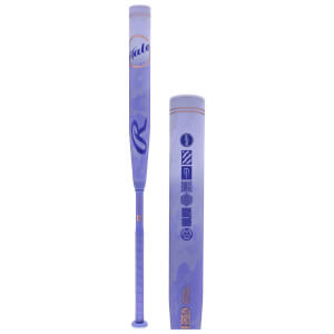 Front view of a purple Rawlings Halo softball bat with a blue "Halo" logo and a blue Rawlings "R" logo.