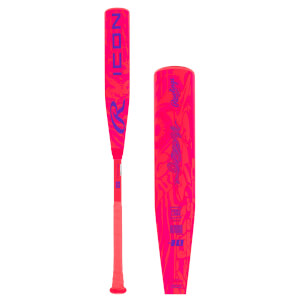 Front view of a pink and purple baseball bat with "ICON" and a Rawlings logo.
