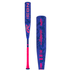 Side view of a blue and pink baseball bat with "ICON" and a Rawlings logo.