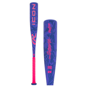 Front view of a purple baseball bat with pink "ICON" lettering, a pink Rawlings logo, and a pink grip.