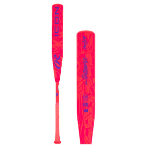 Front view of a pink baseball bat with blue "ICON" lettering and a Rawlings logo.