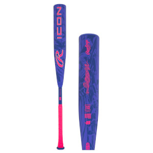 Front view of a purple and pink baseball bat with "ICON" and a "R" logo.
