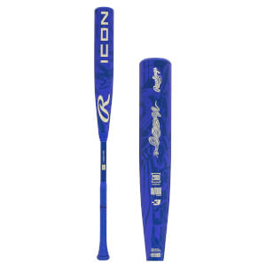 Front view of a blue baseball bat with "ICON" in white lettering, a white "R" logo, and a blue bat grip.