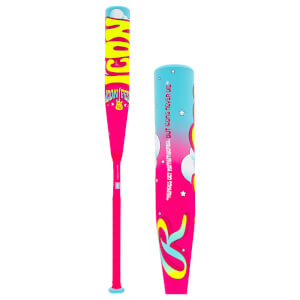 Side view of a pink baseball bat with yellow "ICON" text and a blue end cap.
