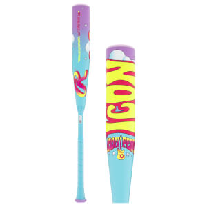 Front view and barrel close-up of a blue and pink baseball bat featuring stylized "ICON" text and the quote "HEROES GET REMEMBERED, BUT ICONS NEVER DIE."
