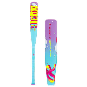 Side view shows the "ICON" and "FEST" text on a pastel blue and purple baseball bat with colorful graphics.