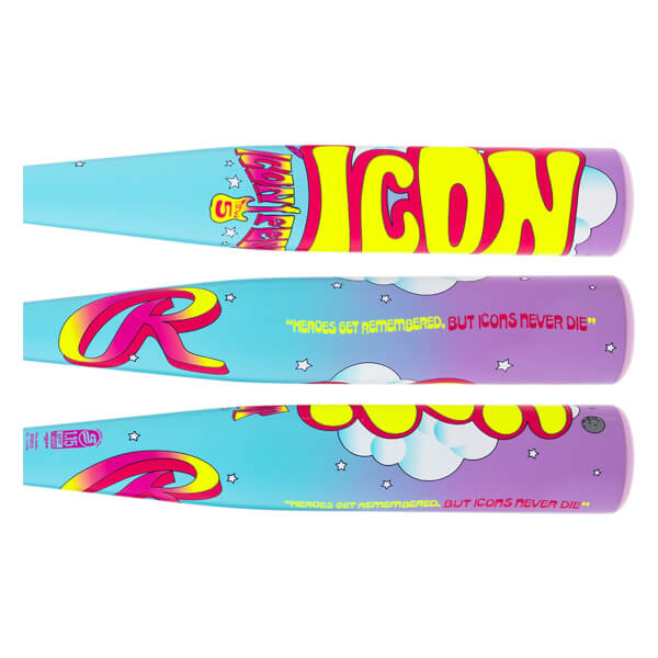 Side view showing three baseball bats with "Rawlings ICON" and "HEROES GET REMEMBERED, BUT ICONS NEVER DIE" text.