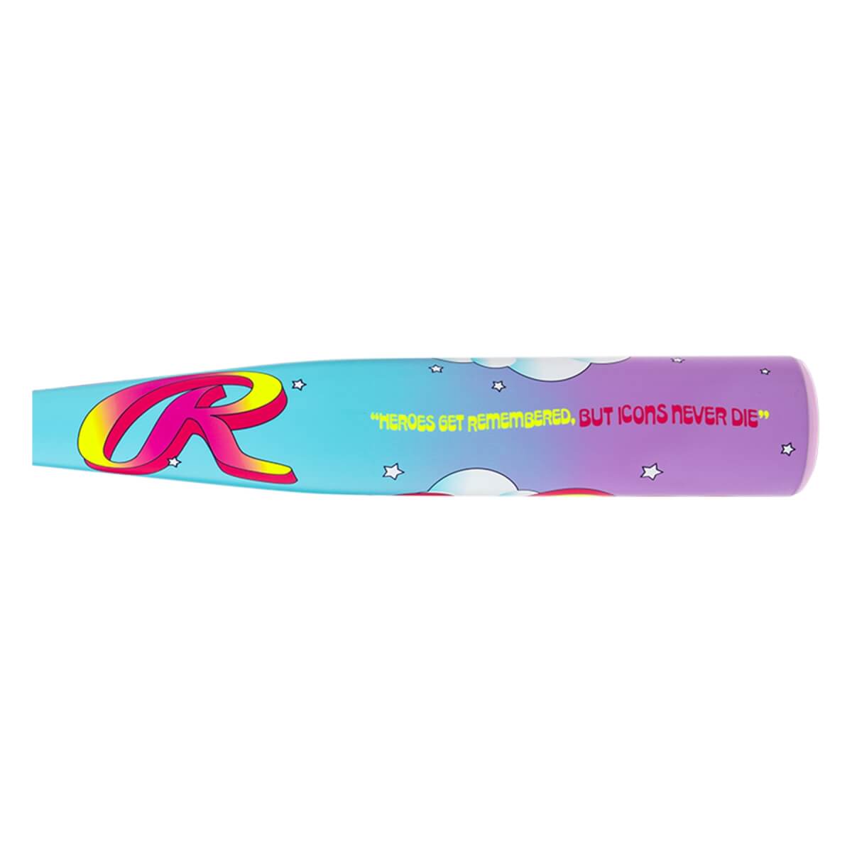 Side view of the Rawlings baseball bat featuring the red "R" logo, blue and purple gradient, and the quote "HEROES GET REMEMBERED, BUT ICONS NEVER DIE."