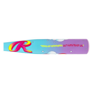 Side view of the Rawlings baseball bat featuring the red "R" logo, blue and purple gradient, and the quote "HEROES GET REMEMBERED, BUT ICONS NEVER DIE."