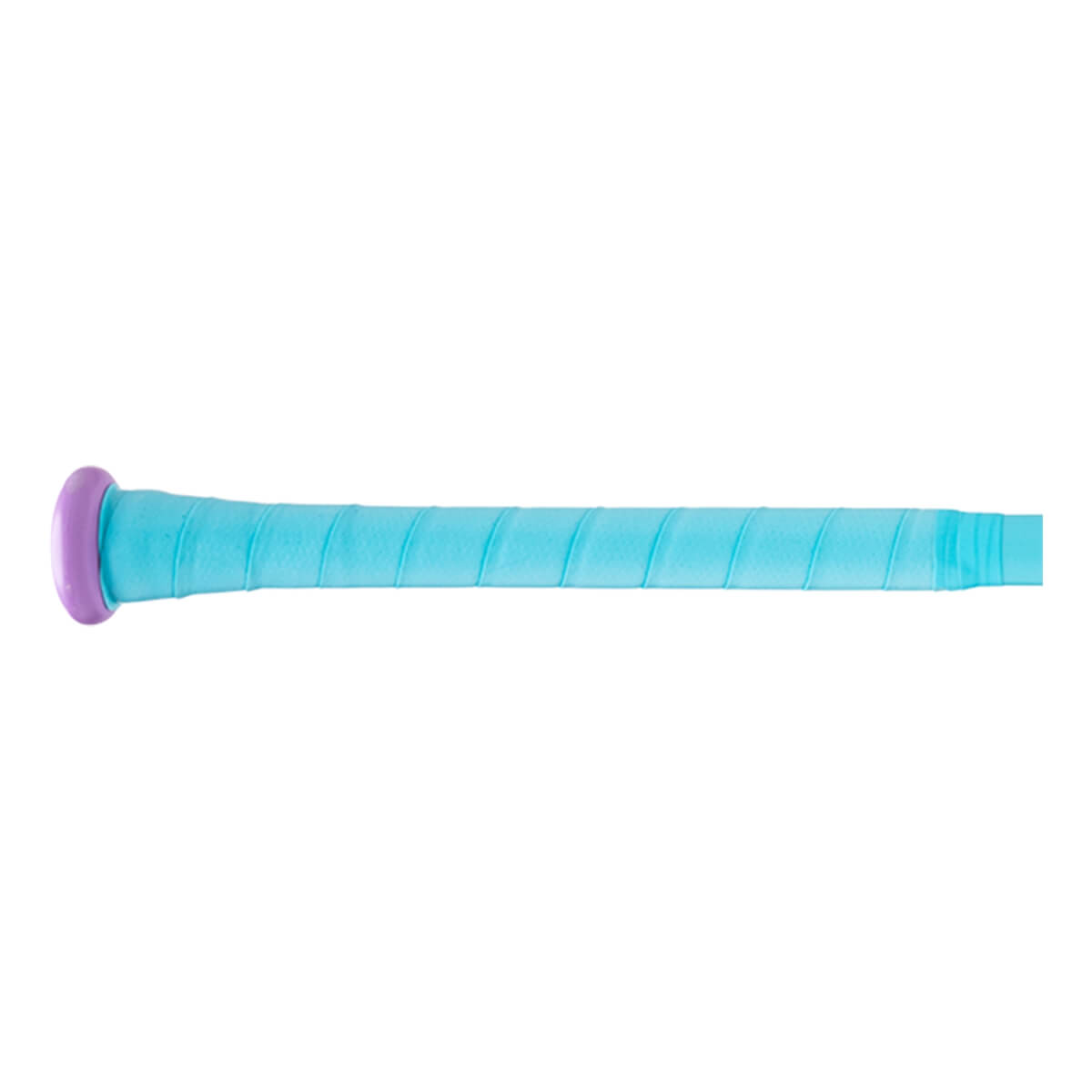 Side view of a Rawlings bat showing a purple end cap and a light blue grip.