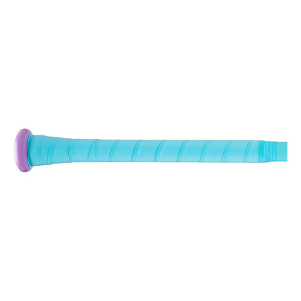 Side view of a Rawlings bat showing a purple end cap and a light blue grip.