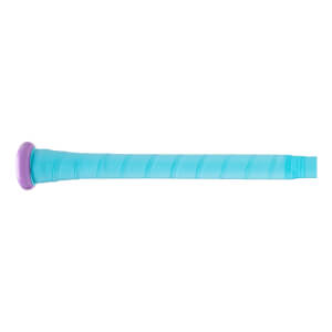 Side view of a Rawlings bat showing a purple end cap and a light blue grip.