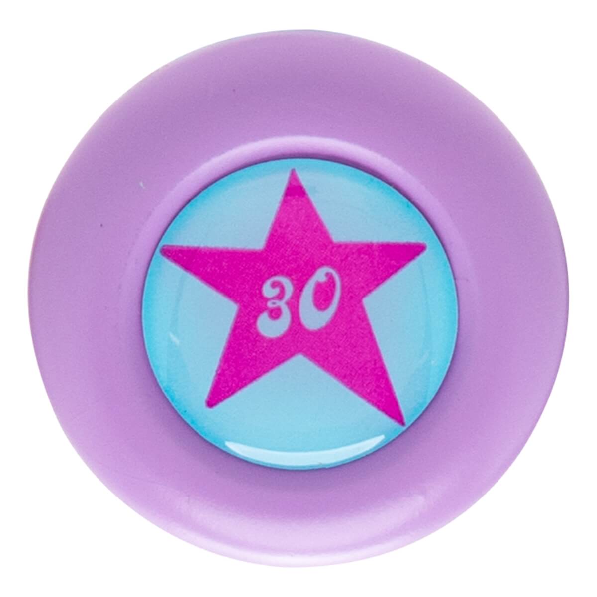 Top-down view of a purple cap with a pink star and the number 30.