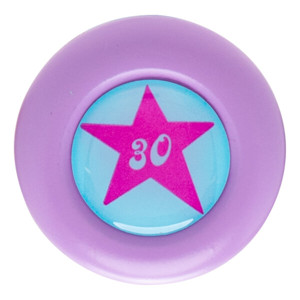 Top-down view of a purple cap with a pink star and the number 30.