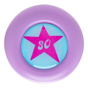 Top-down view of a purple cap with a pink star and the number 30.