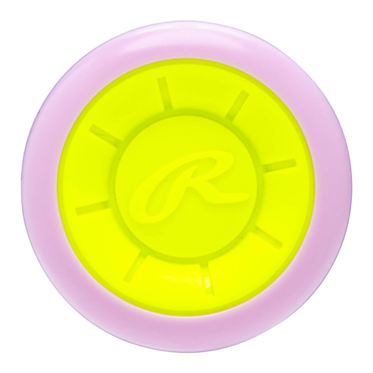 Top-down view of the Rawlings bat end cap featuring a pink outer ring, yellow inner circle, and a prominent "R" logo.