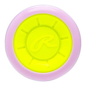Top-down view of the Rawlings bat end cap featuring a pink outer ring, yellow inner circle, and a prominent "R" logo.
