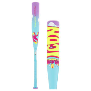 Front and close-up views show a light blue and purple bat featuring "ICON" in large yellow letters and the quote "HEROES GET REMEMBERED, BUT ICONS NEVER DIE."