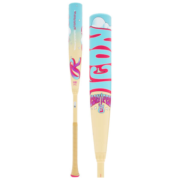 Full and close-up views of a tan and blue bat featuring pink "ICON" text, a guitar graphic, and the quote "HEROES GET REMEMBERED, BUT ICONS NEVER DIE."