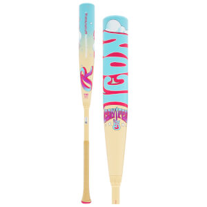 Full and close-up views of a tan and blue bat featuring pink "ICON" text, a guitar graphic, and the quote "HEROES GET REMEMBERED, BUT ICONS NEVER DIE."
