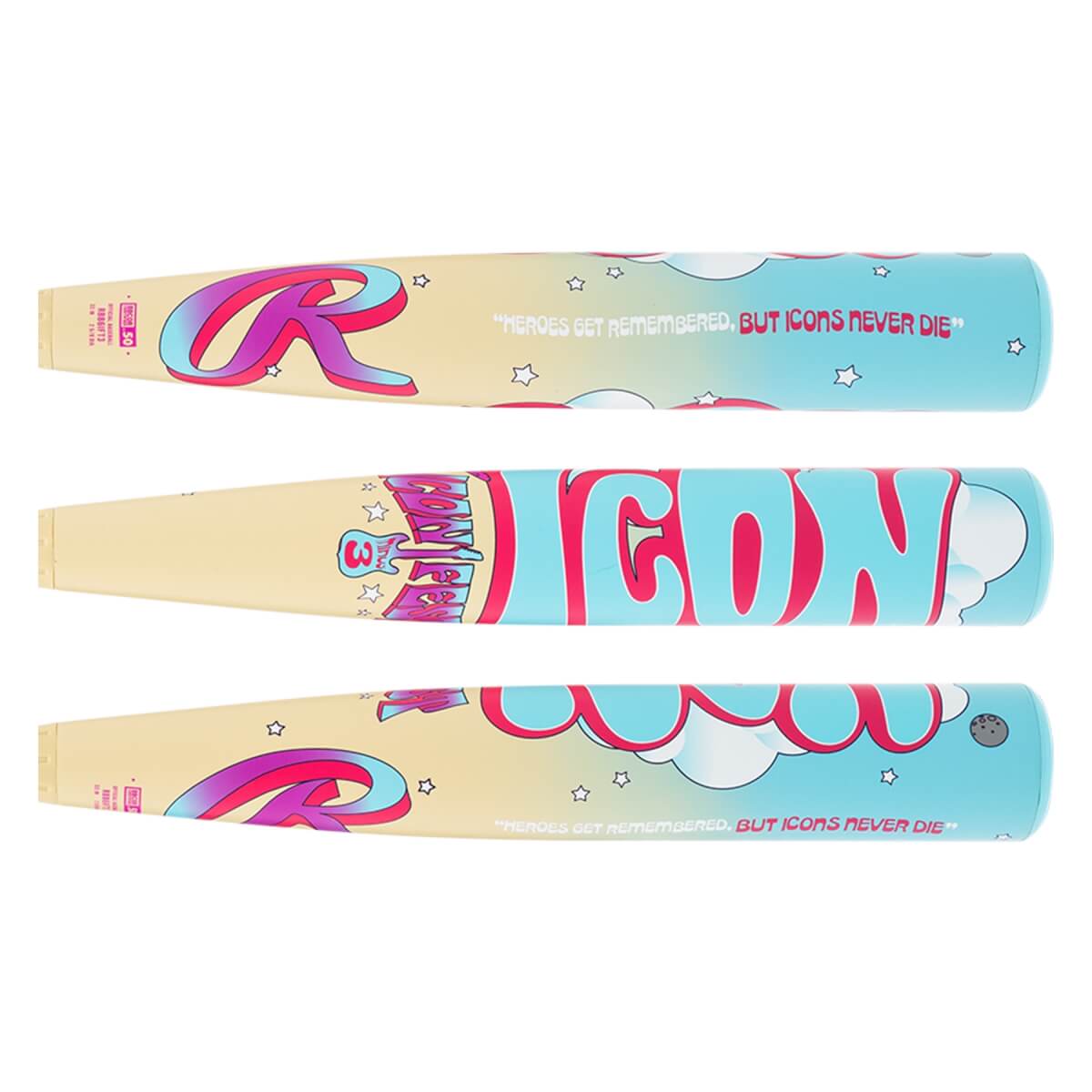 Three horizontal views of a yellow and blue baseball bat barrel featuring a stylized "R," "ICON," and the quote "HEROES GET REMEMBERED, BUT ICONS NEVER DIE."