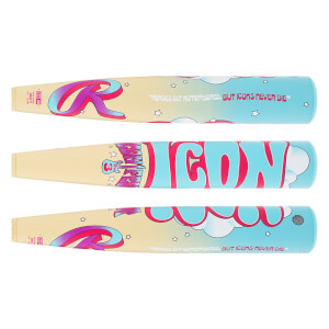 Three horizontal views of a yellow and blue baseball bat barrel featuring a stylized "R," "ICON," and the quote "HEROES GET REMEMBERED, BUT ICONS NEVER DIE."