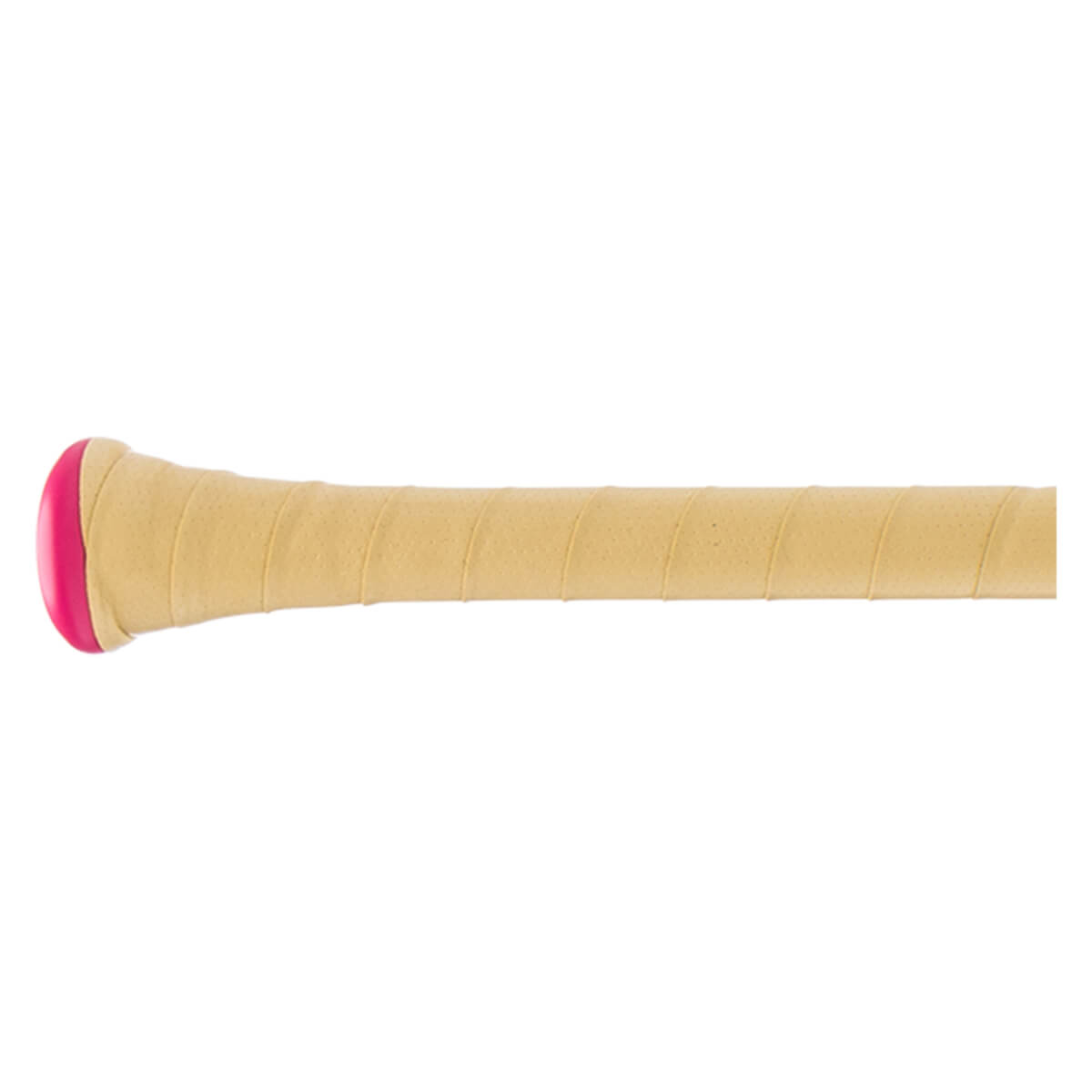 Close-up side view of a bat handle featuring a tan perforated grip tape wrap and a bright pink knob.