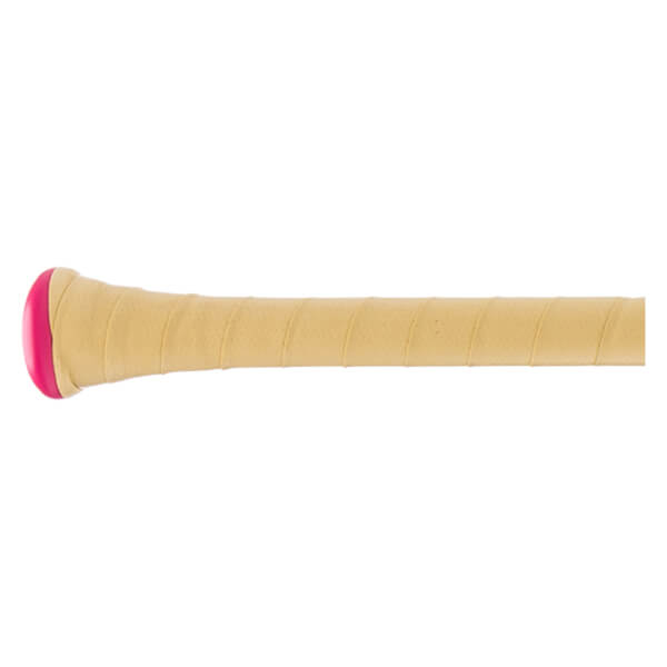 Close-up side view of a bat handle featuring a tan perforated grip tape wrap and a bright pink knob.